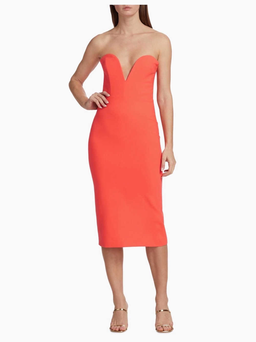 Veronica Beard Strapless V-Plunge Midi Dress in Coral